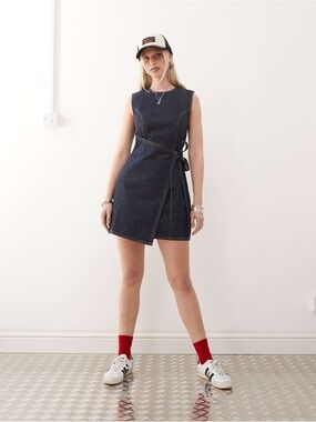 ASOS Collusion Dark Blue Sleeveless Denim Wrap Mini Dress Feminine Silhouette